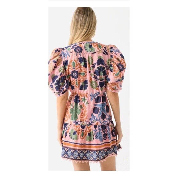 FARM RIO Seashell Tapestry Pink Mini Dress XL Organic Cotton Puff Sleeves Tassel - Picture 5 of 14